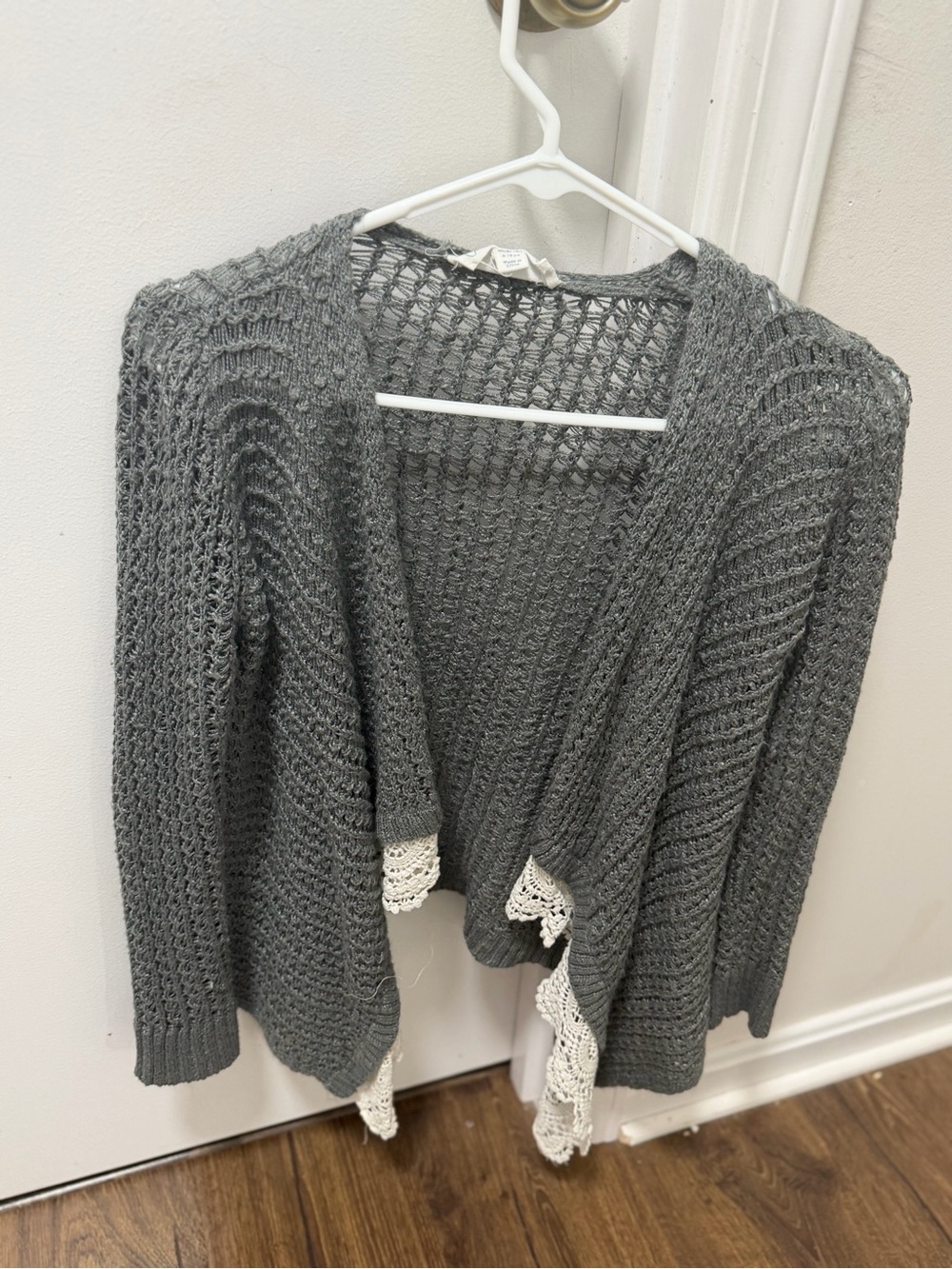 Cloud Chaser Gray Knit Sweater with Cream Crochet Trim